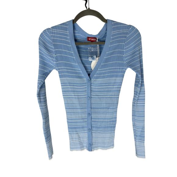 Staud Cargo Sweater Cardigan Ribbed Knit Striped Quiet Luxury French Blue Size L - Picture 3 of 9